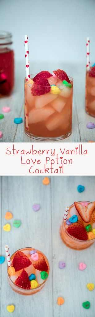 Strawberry Vanilla Love Potion Cocktail -- This vodka-based cocktail is perfect for sharing with your sweetie on Valentine's Day, but can be enjoyed any time of the year! | wearenotmartha.com