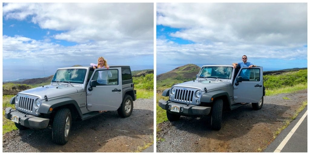 Sues and Chris standing outside their Jeep taking in the views on Kahekili Highway