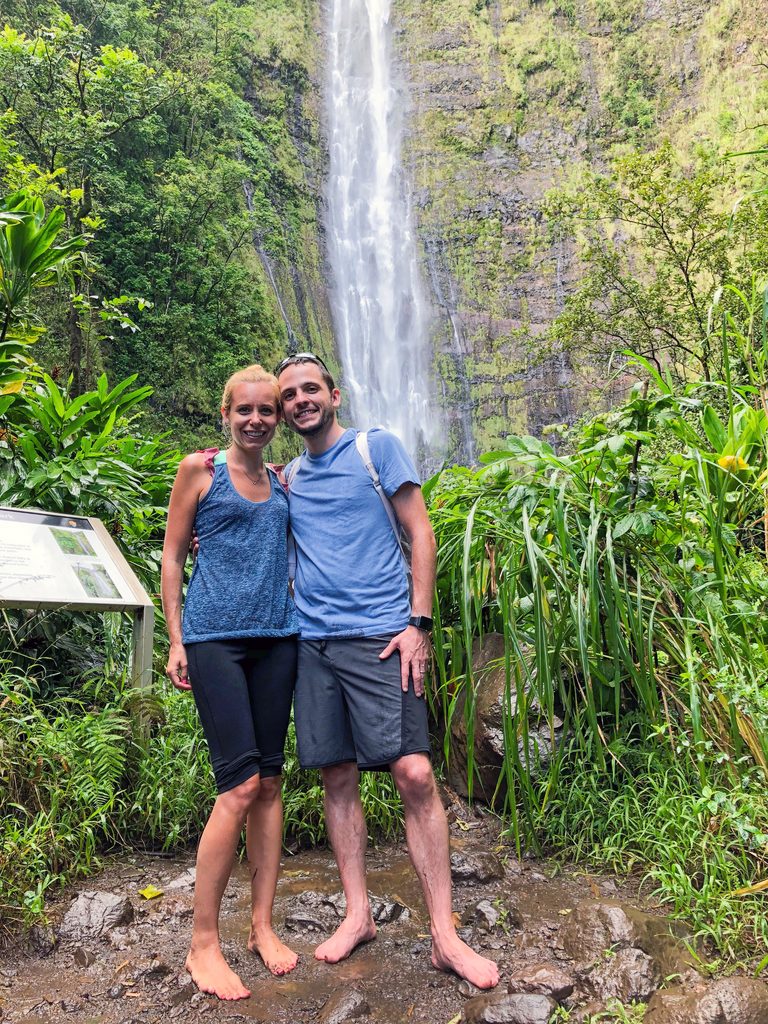 Sues and Chris standing in front of Waimoku Falls on Pipiwai Trail