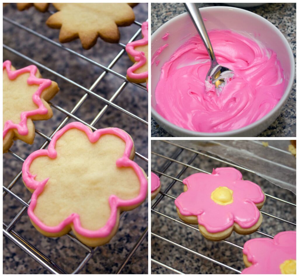 Collage showing decorating process for flower sugar cookies, including bowl of pink royal icing, flower sugar cookies lined with icing, and sugar cookies flooded with icing