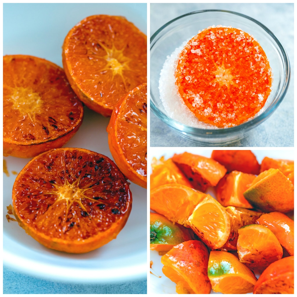 Collage showing process for caramelizing the tangerines, including in image of tangerines coated in sugar, caramelized tangerines in bowl, and caramelized tangerines sliced