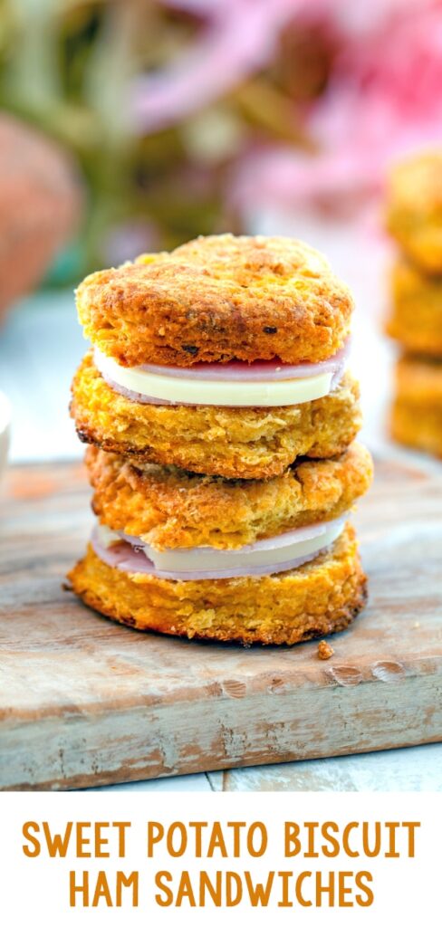 Sweet Potato Biscuit Ham Sandwiches -- You can certainly eat these sweet potato biscuits with just a little bit of butter, but I prefer them turned into sweet potato ham sandwiches with Swiss cheese, dijon mustard, and a honey drizzle | wearenomartha.com #sweetpotatoes #biscuits #hamsandwiches 