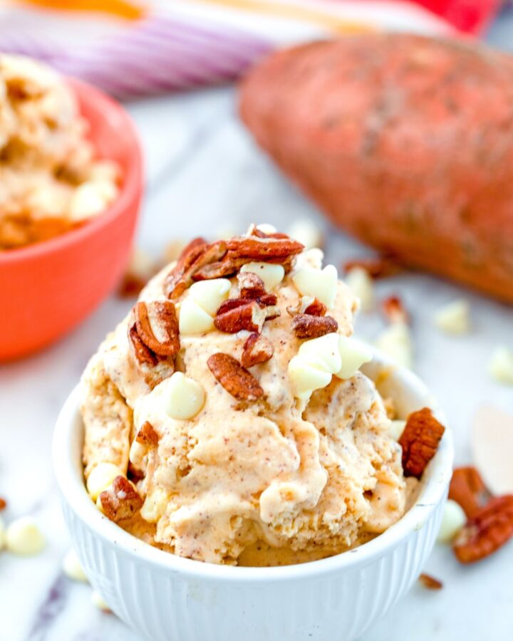 Sweet Potato Ice Cream -- Sweet potatoes and ice cream may seem like an unlikely combination, but this Sweet Potato Ice Cream, packed with white chocolate and toasted pecans, will convince you that sweet potatoes make the best fall ice cream flavor! | wearenotmartha.com