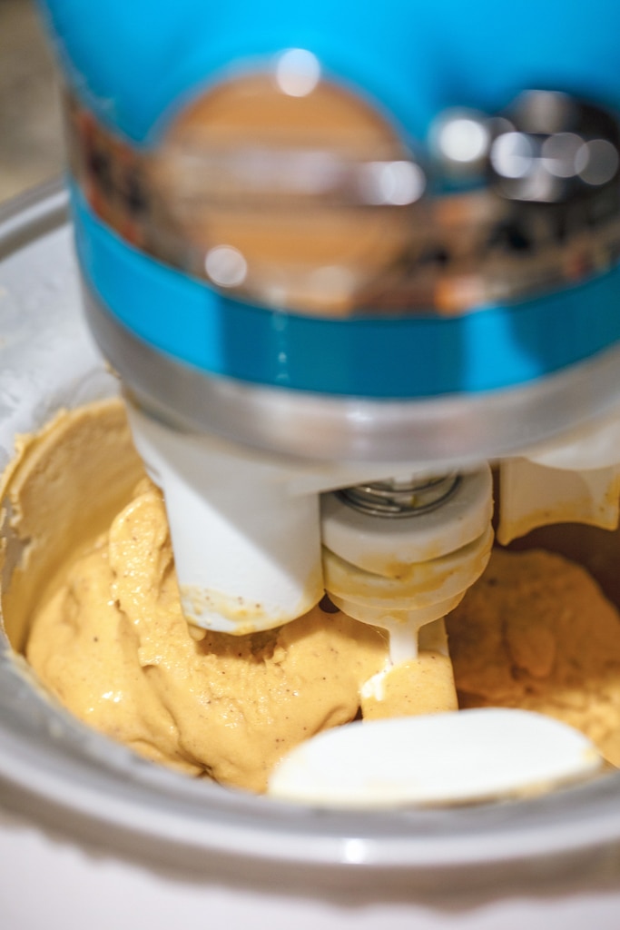 Sweet potato ice cream being processed in KitchenAid ice cream attachment bowl