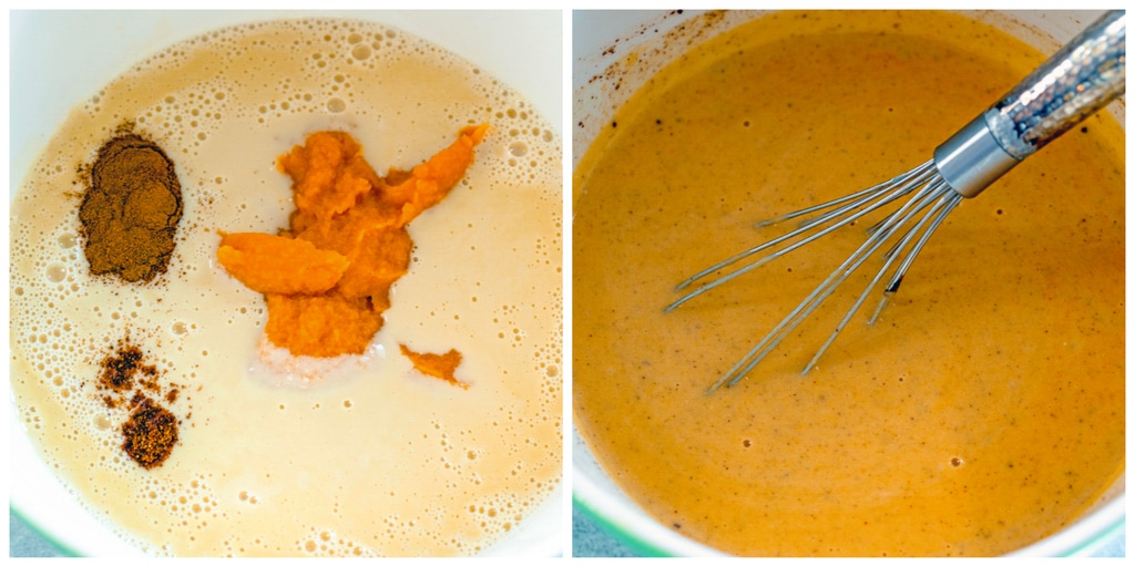 Collage showing ice cream base with sweet potato puree and spices dropped in and mixture all whisked together