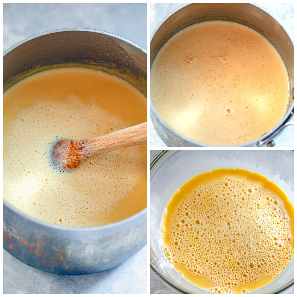 Collage showing cream and milk heating in saucepan, egg yolks with cream poured in to temper, and mixture cooking into custard in saucepan