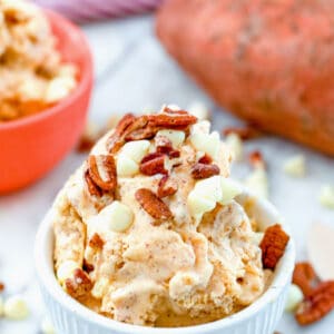 Sweet Potato Ice Cream -- Sweet potatoes and ice cream may seem like an unlikely combination, but this Sweet Potato Ice Cream, packed with white chocolate and toasted pecans, will convince you that sweet potatoes make the best fall ice cream flavor! | wearenotmartha.com