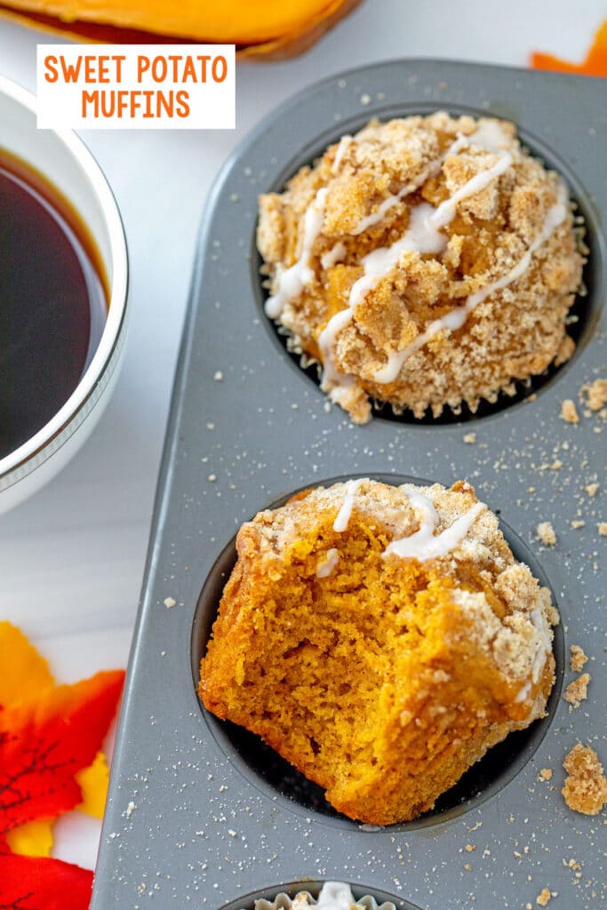 Overhead view of sweet potato muffins in muffin tin with recipe title at top