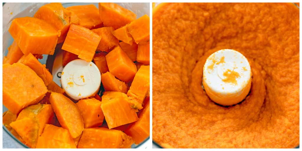 Collage showing diced sweet potatoes in food processor and sweet potato all pureed in food processor