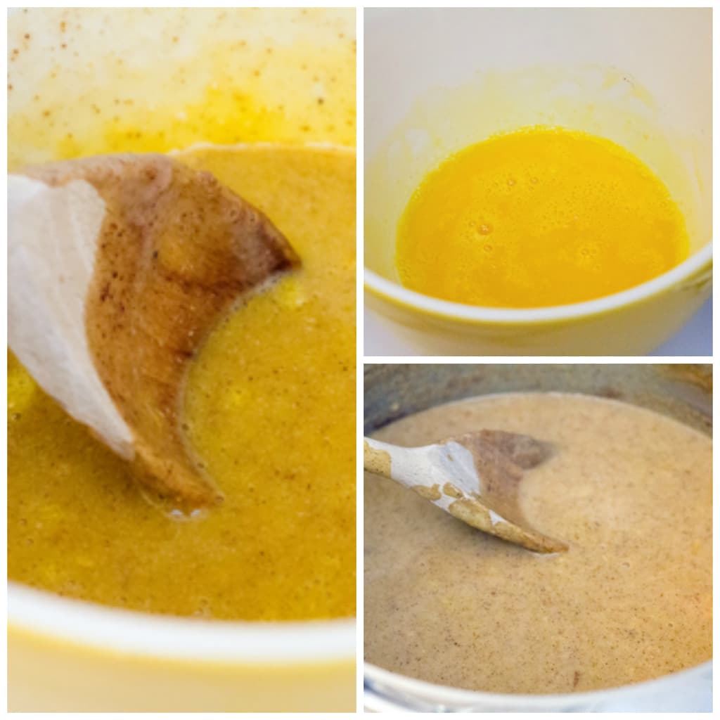 Collage showing process for tempering eggs when making gingerbread ice cream