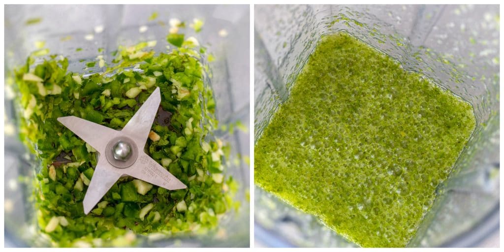 Collage with one photo showing jalapeño, garlic, and mint in blender pureed and a second photo showing tequila, lime juice, and orange juice blended in.