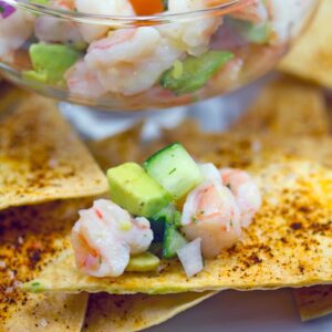 Tequila Shrimp Ceviche -- This Tequila Shrimp Ceviche served with chile dusted tortilla chips is the perfect easy-to-make party appetizer! | wearenotmartha.com
