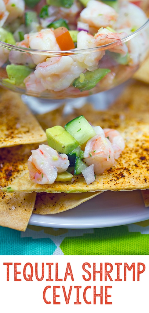 Tequila Shrimp Ceviche -- This Tequila Shrimp Ceviche served with chile dusted tortilla chips is the perfect easy-to-make party appetizer! | wearenotmartha.com #ceviche #shrimp #tequila #appetizers