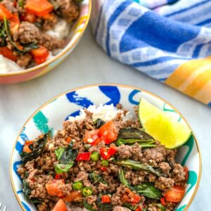 Thai Beef Basil with Coconut Rice -- This Thai Beef Basil is an incredibly flavorful, easy-to-make dinner that can be customized for all types of spicy food level preferences | wearenotmartha.com