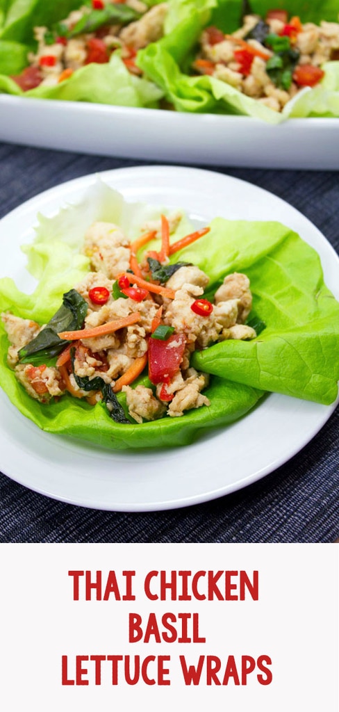 Thai Chicken Basil Lettuce Wraps -- If you love Thai food and are trying to eat healthier, skip the take-out and make these Thai Chicken Basil Lettuce Wraps at home! They're low carb and packed with flavor, with a spice level that can easily be adjusted according to your preference | wearenotmartha.com #lettucewraps #thai #healthy #chicken