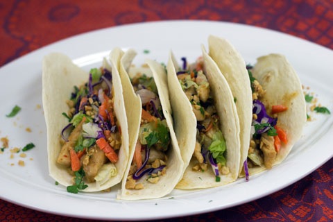 Thai Chicken Tacos with Southpaw Kitchen Spicy Peanut Sauce