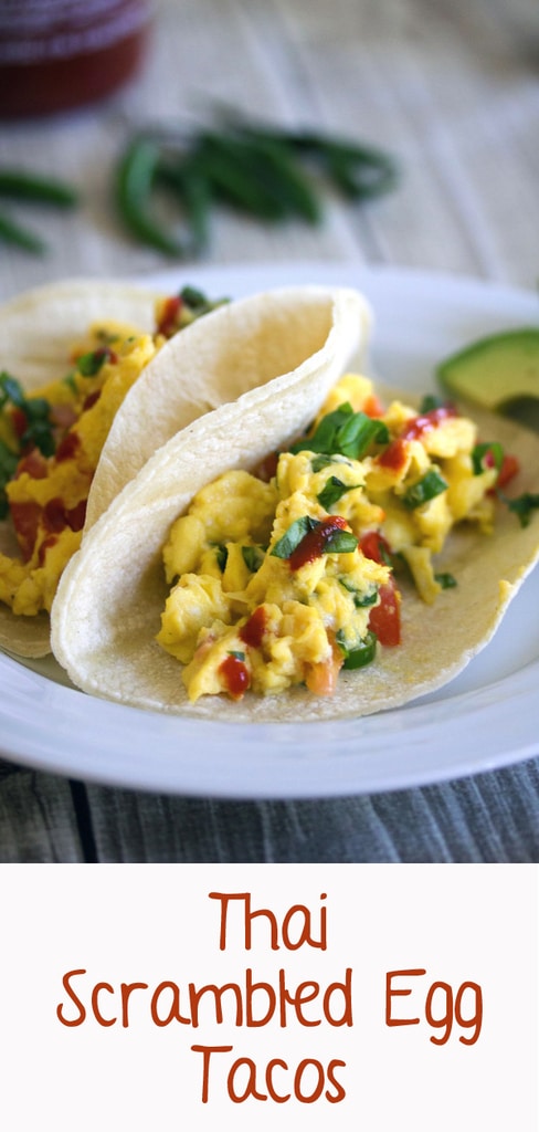 Thai Scrambled Egg Tacos -- These Thai Scrambled Egg Tacos take creamy scrambled eggs packed with spicy Thai flavors and serve them on tortillas for a breakfast you'll dream about | wearenotmartha.com #tacos #brunch #thai #eggs #scrambledeggs