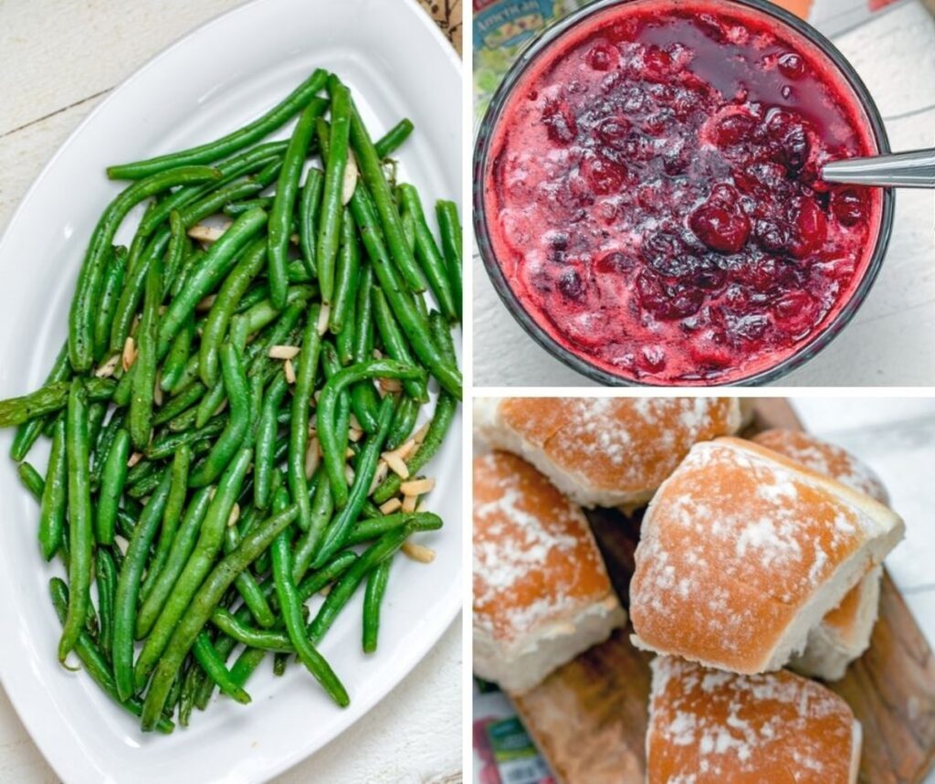 Collage showing green beans almondine, cranberry sauce, and dinner rolls.