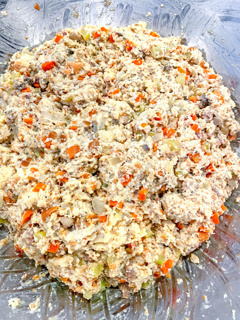 Stuffing mixture in large bowl.