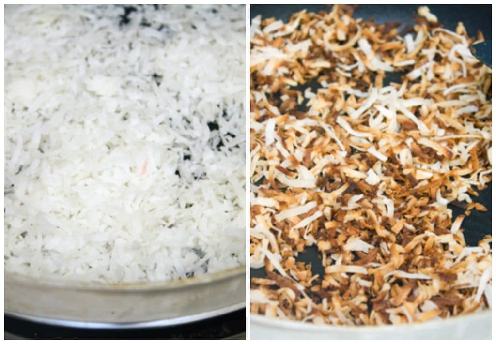 One photo shows shredded coconut in a skillet and another shows shredded coconut toasted golden in the skillet