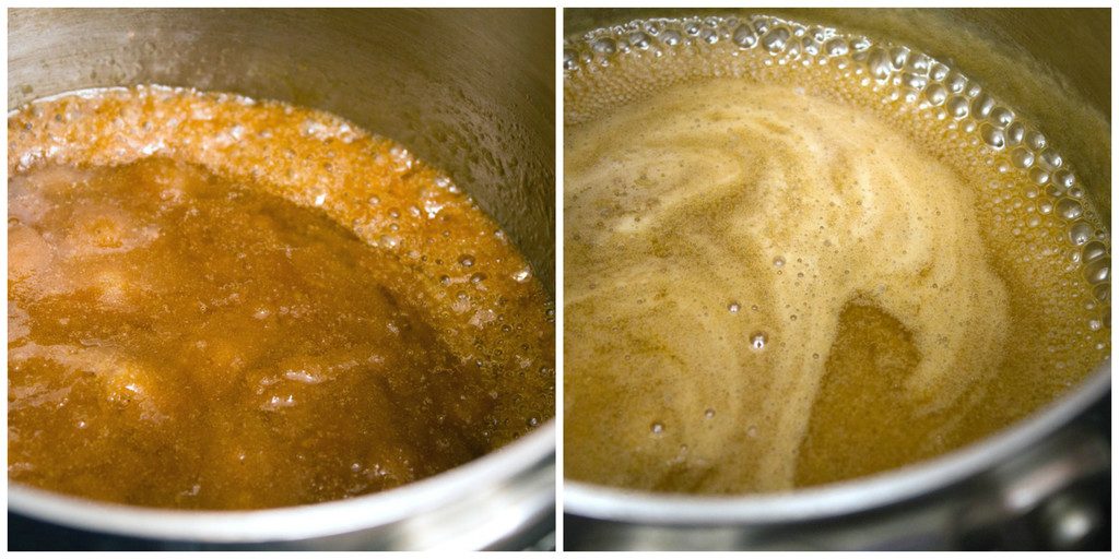 Toffee sauce simmering in a saucepan