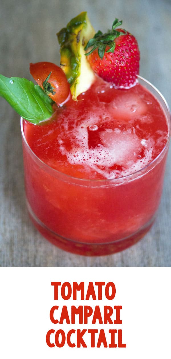 Tomato Campari Cocktail -- This Tomato Campari Cocktail is the most gorgeous shade of red and is refreshingly delicious. Who would have thought tomatoes, fruit, and Campari would go so well together? | wearenotmartha.com #cocktails #tomato #campari