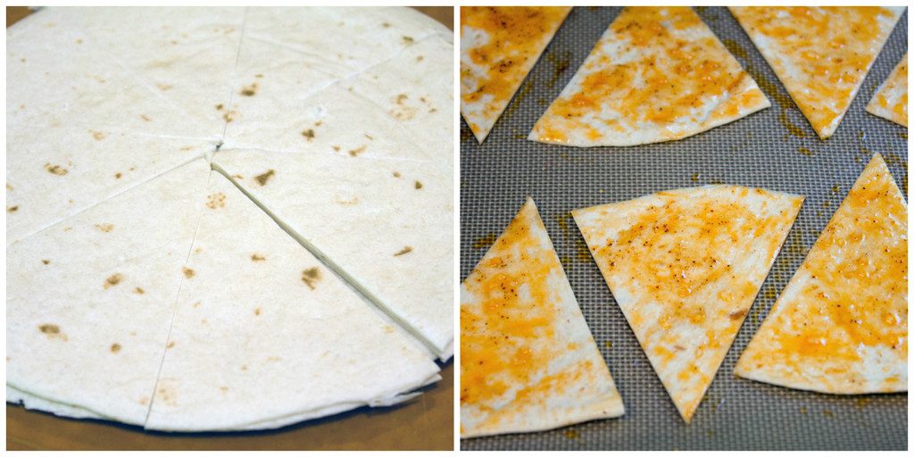 Collage showing process for making chili lime tortilla chips, including tortillas cut into triangles and tortilla triangles brushed with lime juice, olive oil, and chili powder on baking sheet