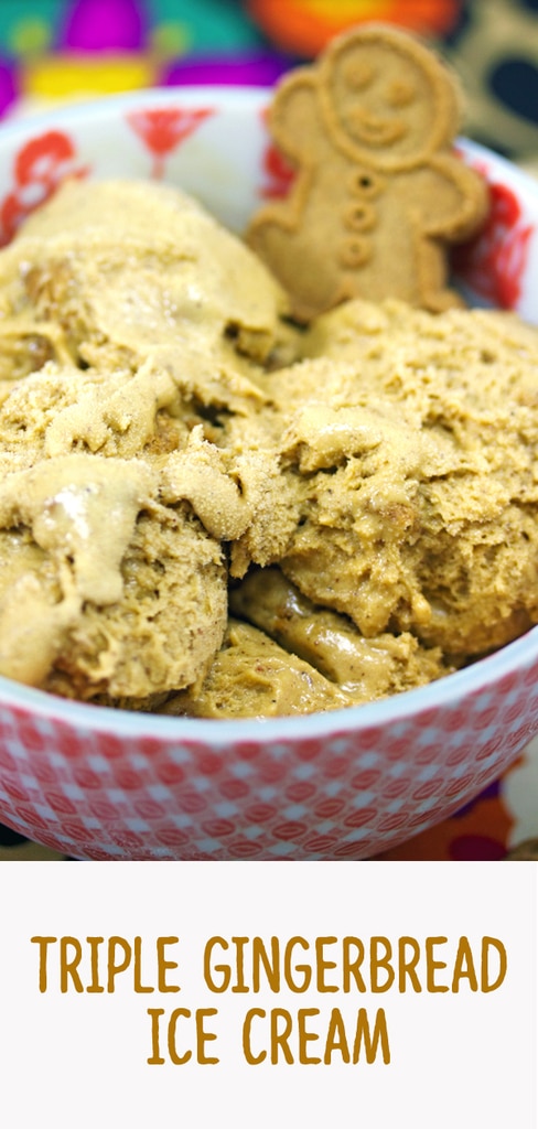 Triple Gingerbread Ice Cream -- This Gingerbread Ice Cream has three types of ginger in it: fresh ginger, ground ginger, and gingerbread cookies. It's perfect for the holidays, but is delicious all winter long | wearenotmartha.com #ginger #gingerbread #icecream #holidays