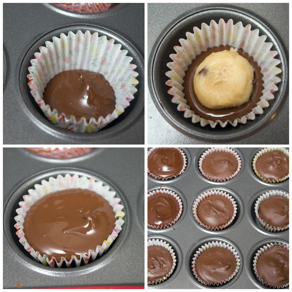 Collage showing process for making chocolate chip cookie dough cups, including chocolate on bottom of baking paper, cookie dough ball on chocolate, chocolate covering cookie dough in baking paper, and chocolate truffles chilled in baking pan