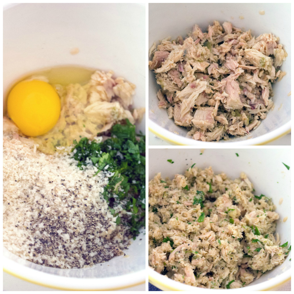 Collage showing process for making jalapeño tuna burgers, including jalapeño tuna in bowl; jalapeño tuna, egg, parsley, panko, and breadcrumbs in bowl; and ingredients all mixed together in bowl