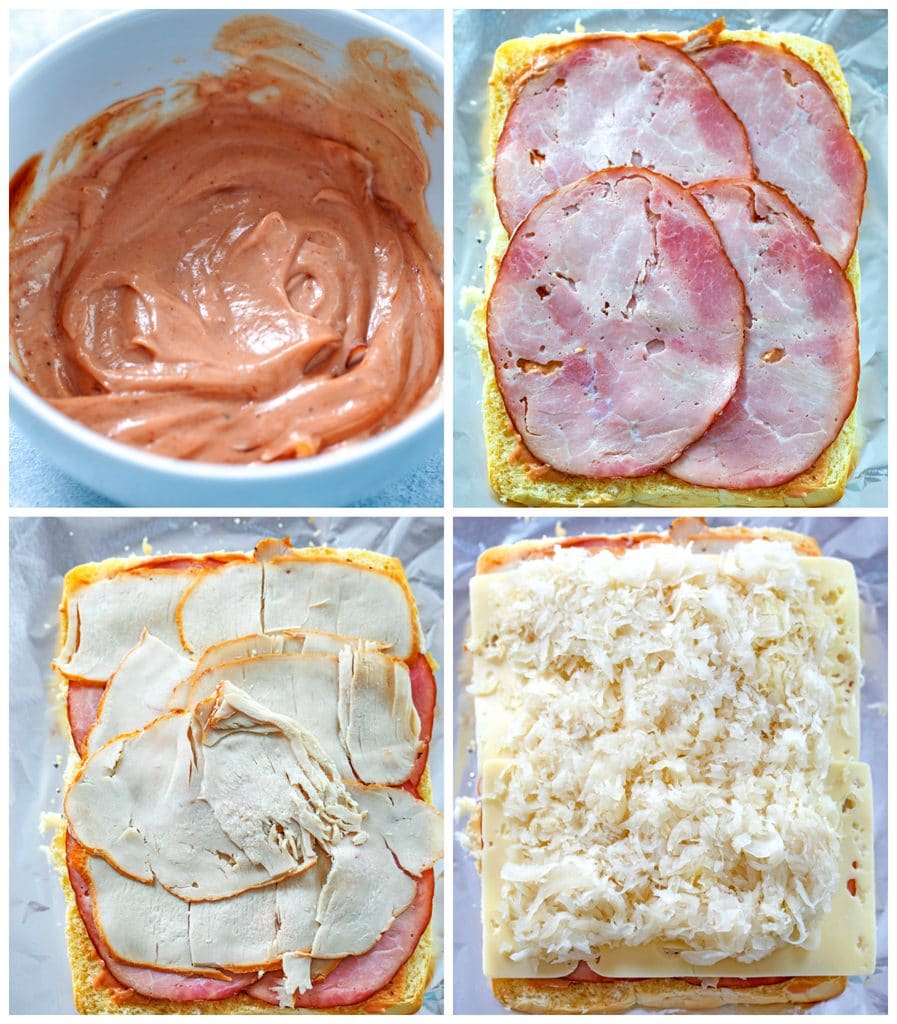 Collage showing process for making BBQ reuben sliders, including photo of BBQ mayo, photo of ham layered on slider rolls, turkey layered on slider rolls, and cheese and sauerkrat layered on slider rolls