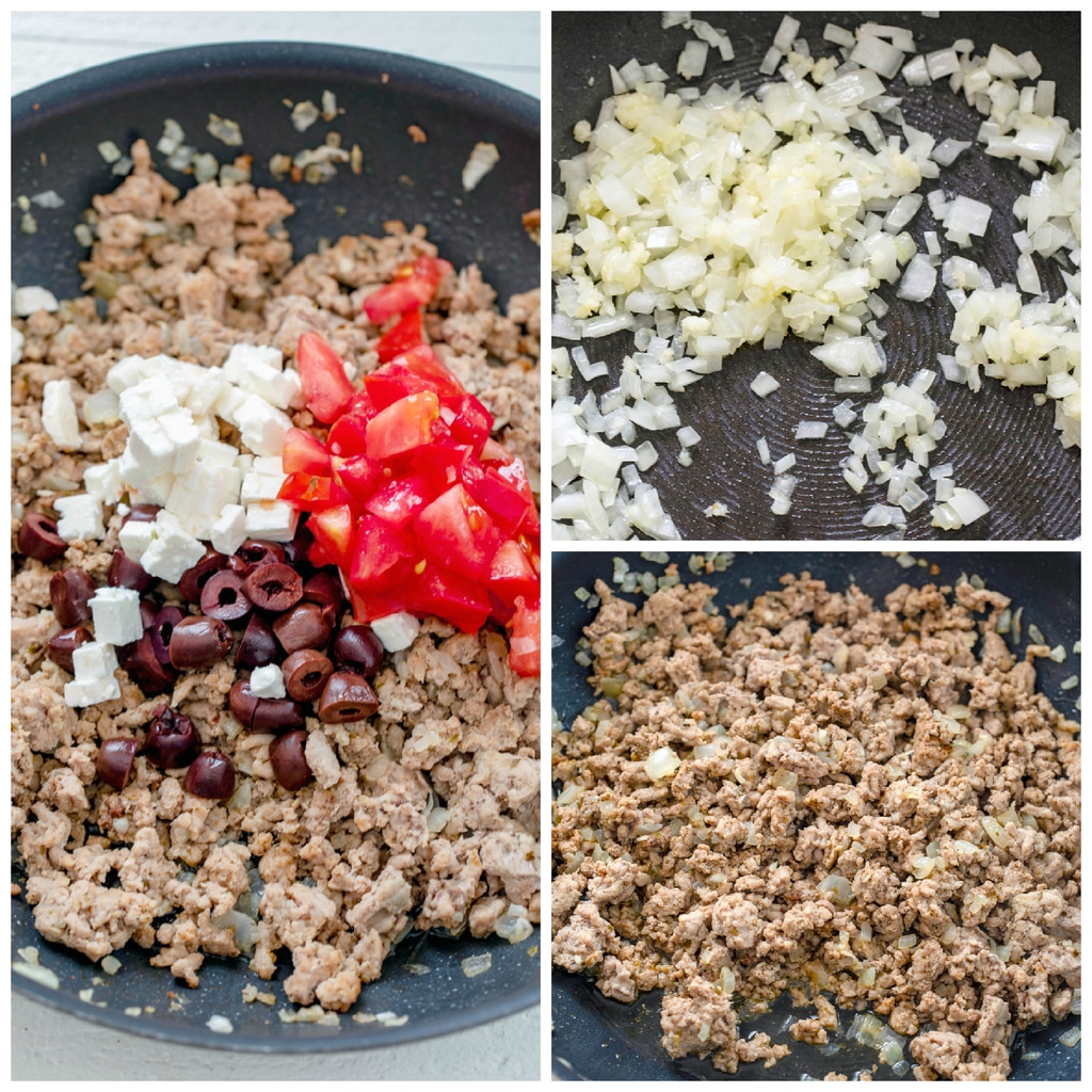 Collage showing one photo with ground turkey in a skillet with tomatoes, olives, and feta; one with diced onions in skillet, and one with ground turkey in skillet.