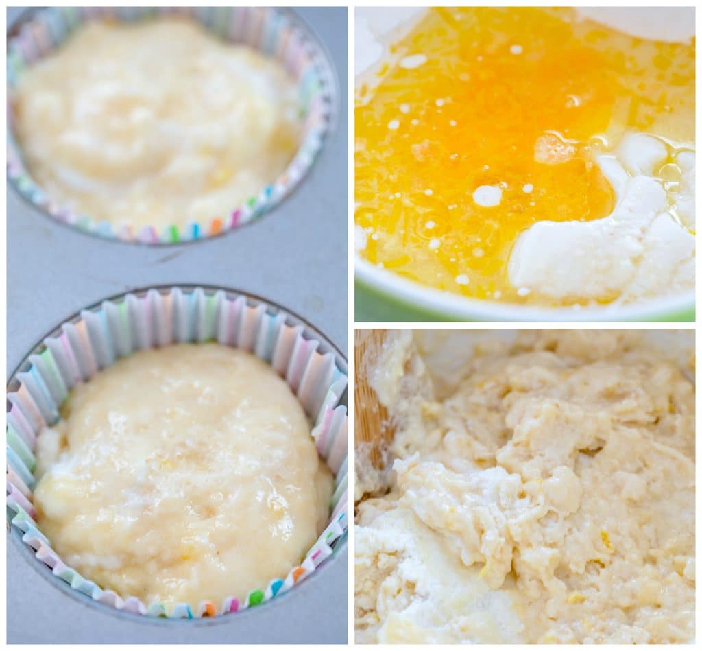 Collage showing process for making Tuscan lemon muffins, including wet ingredients poured into dry ingredients, batter mixed in bowl, and batter in muffin liners in tin