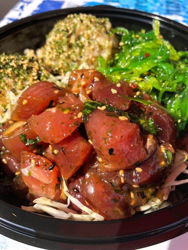 Poke bowl with lots of tuna, seaweed salad, and brown rice at Umeke's in Kona on the Big Island of Hawaii