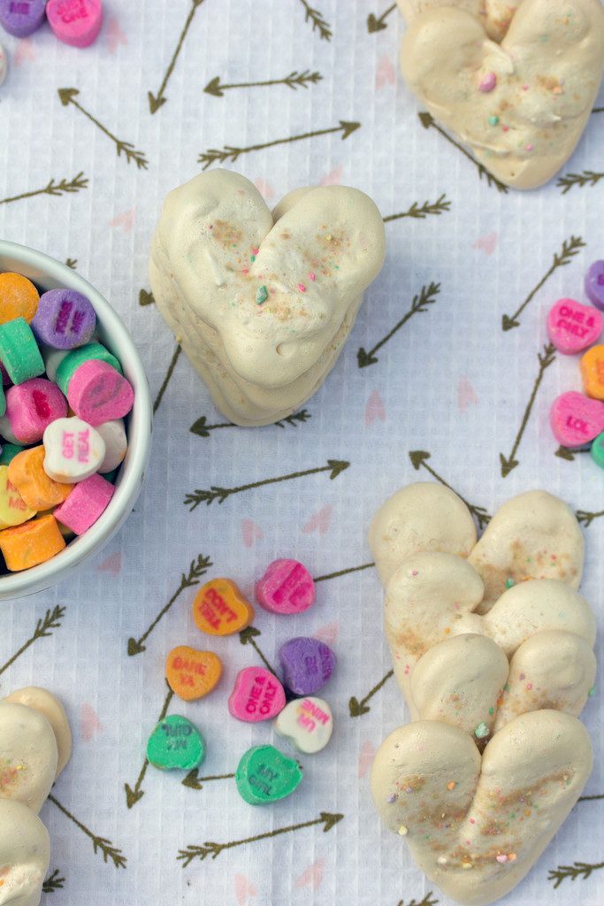 Valentine's Day Heart Meringues -- Incorporate conversation hearts into this sweet treat | wearenotmartha.com