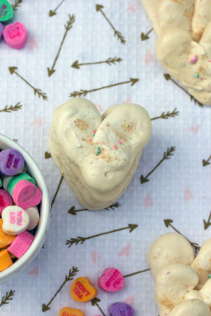 Valentine's Day Heart Meringues -- Incorporate conversation hearts into this sweet treat | wearenotmartha.com