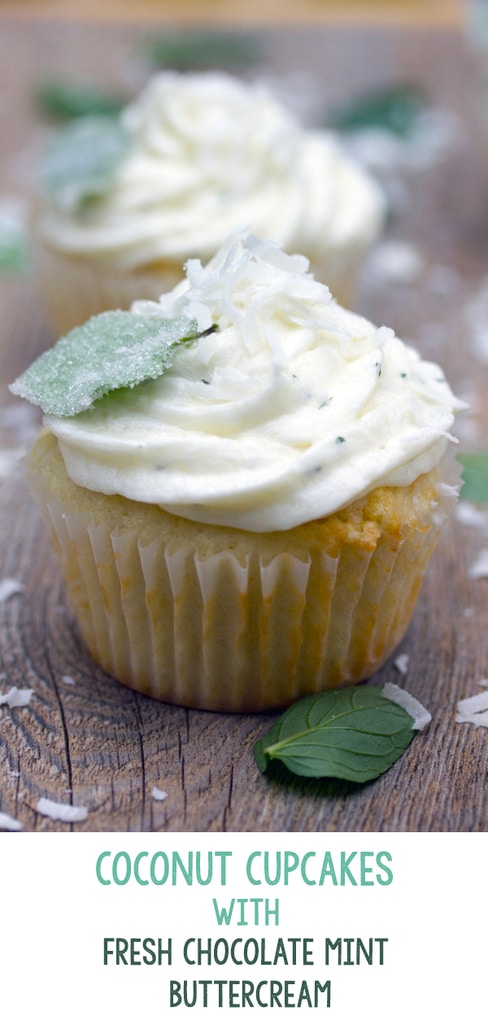 Coconut Cupcakes with Fresh Chocolate Mint Buttercream -- Have a plethora of fresh chocolate mint in your herb garden this season? Make these super moist and fluffy Coconut Cupcakes with Fresh Chocolate Mint Buttercream | wearenotmartha.com #cupcakes #coconut #chocolatemint #buttercream #frosting