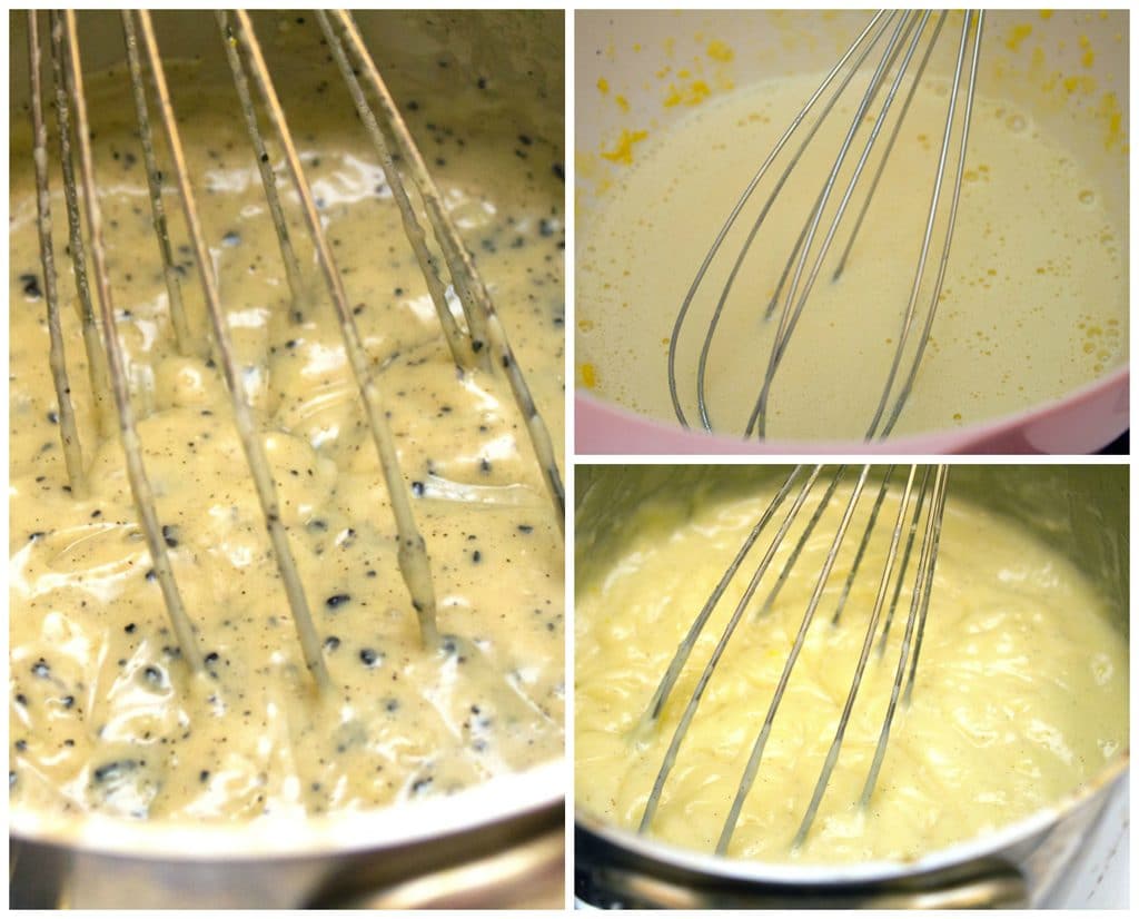 Collage showing process for making vanilla latte custard, including egg yolks being tempered with warm milk in bowl, egg yolk and milk mixture being poured back into hot milk, and custard with espresso powder thickening in saucepan on stove