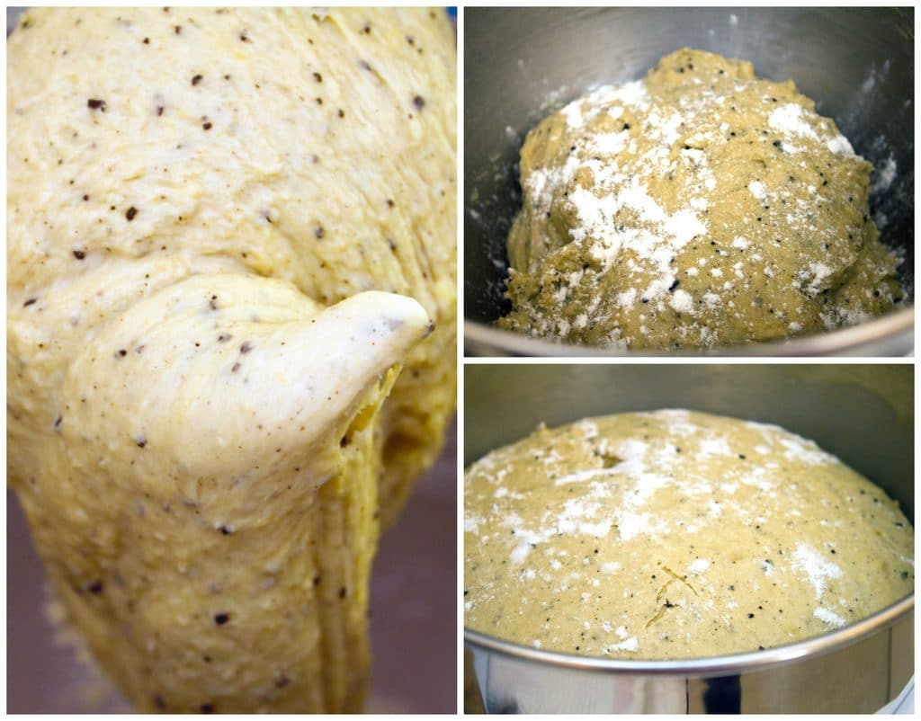 Collage showing process for making vanilla latte doughnuts, including dough hook mixing dough, dough placed in bowl with flour over the top, and dough rising in bowl after a couple hours.
