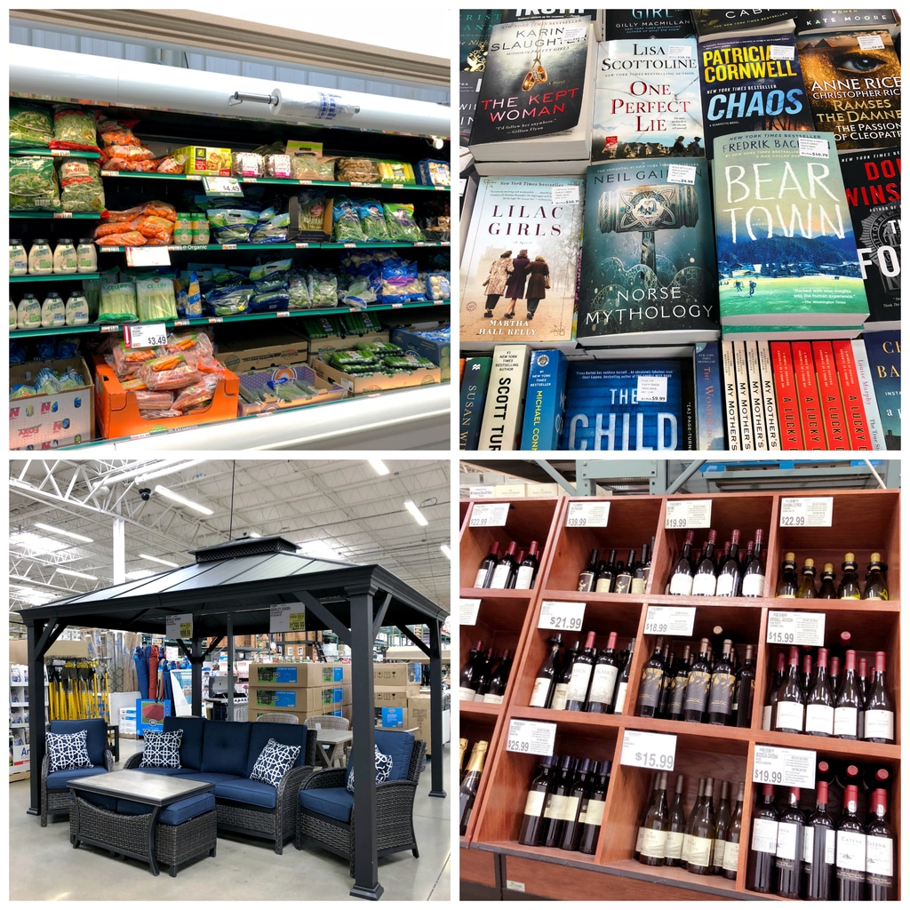 A collage showing various sections of BJ's Wholesale Club, including fresh produce, books, patio furniture, and wine