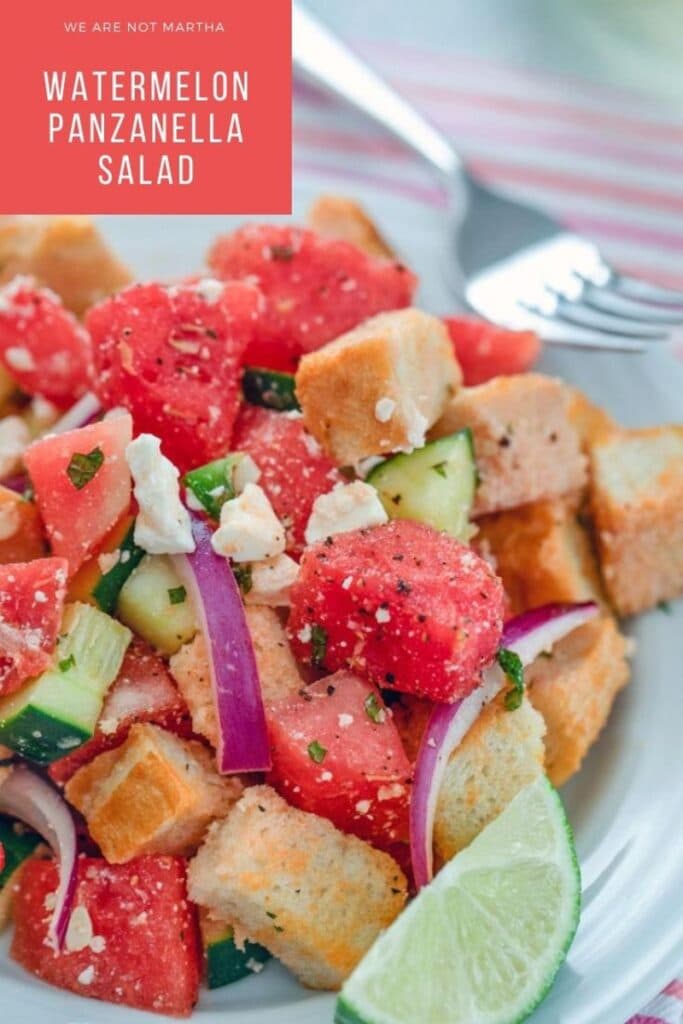 This watermelon salad will quickly become your new favorite summer salad! What could be better than watermelon and bread together in one salad? | wearenotmartha.com #panzanella #watermelon #summersalads #salads #watermelonrecipes