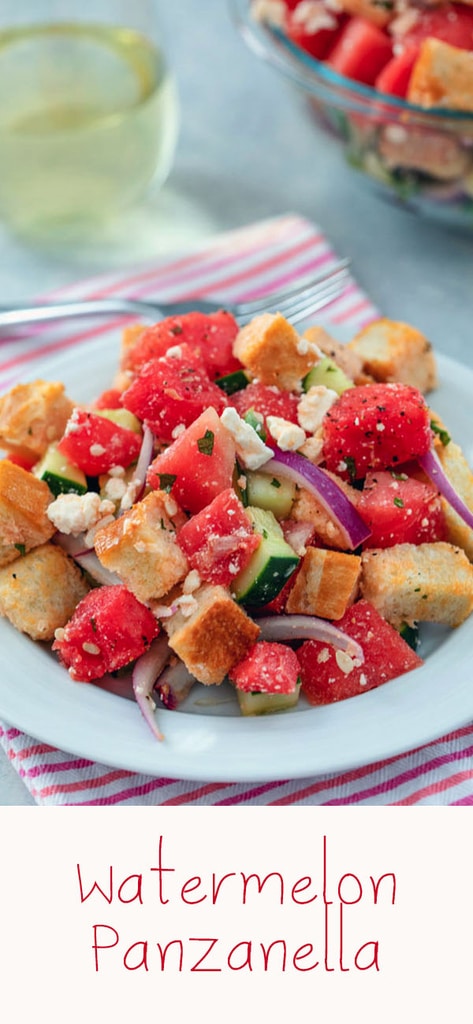 Watermelon Panzanella -- This may not be a traditional panzanella salad, but Watermelon Panzanella Salad is packed with fresh summer ingredients (along with some carbs and cheese, of course) and is the perfect summer side dish | wearenotmartha.com