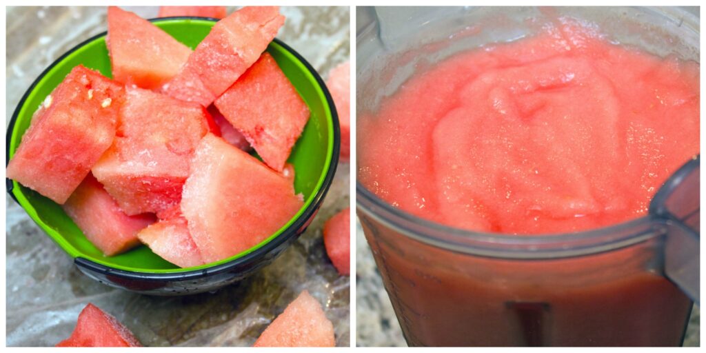 Collage showing process for making watermelon rosé slushies, including chopped watermelon in measuring cup and frozen watermelon rosé mixture in blender