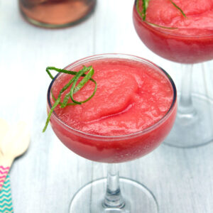 Watermelon Rosé Slushies -- This sweet frozen treat combines watermelon, pink wine, and lime juice into a summertime slush | wearenotmartha.com