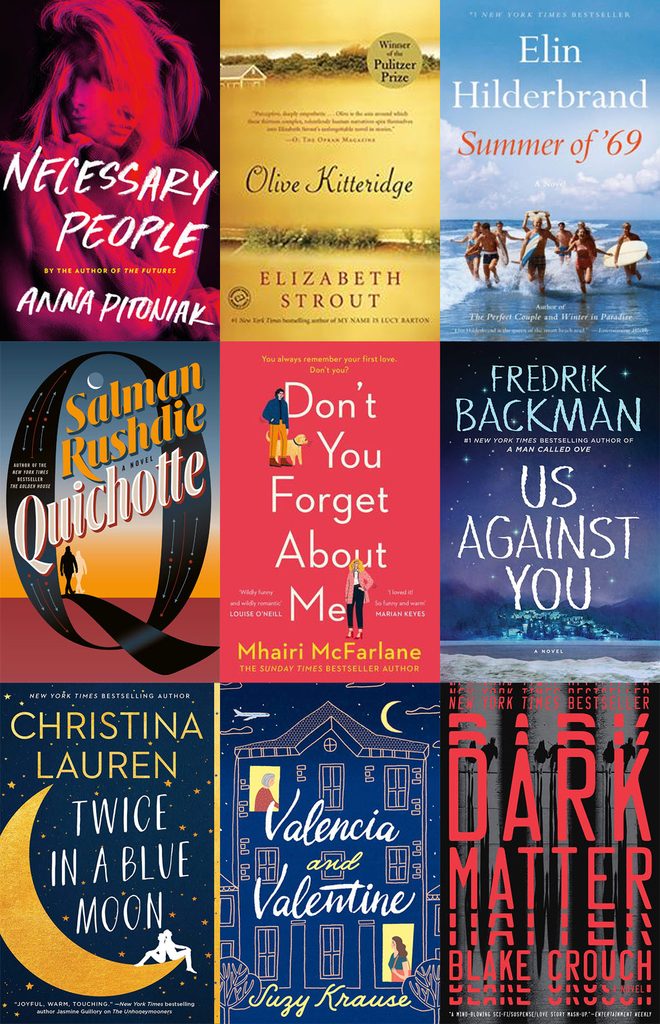 Collage of book covers featuring books I read in August 2019, including Necessary People, Olive Kitteridge, Summer of '69, Quichotte, Don't You Forget About Me, Us Against You, Twice in a Blue Moon, Valencia and Valentine, and Dark Matter
