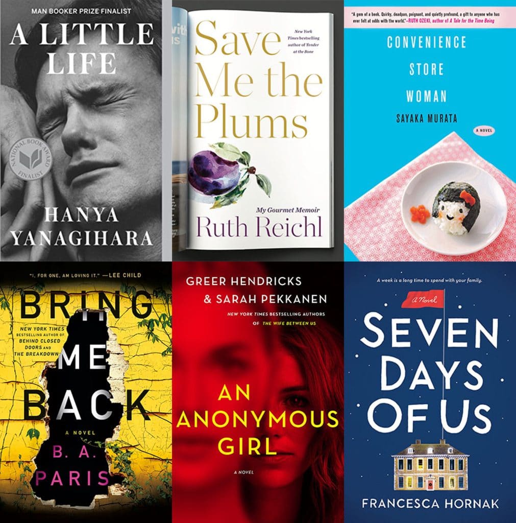 Collage showing the six books I read in January, 2019, including A Little Life, Save Me the Plums, Convenience Store Woman, Bring Me Back, An Anonymous Girl, and Seven Days of Us