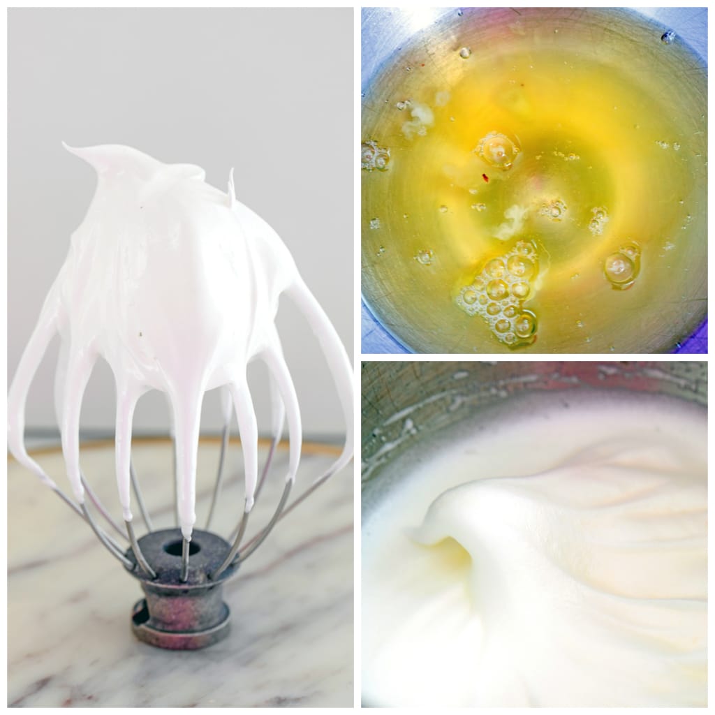Collage showing stiff egg whites on whisk, egg whites in bowl, and soft egg whites in bowl