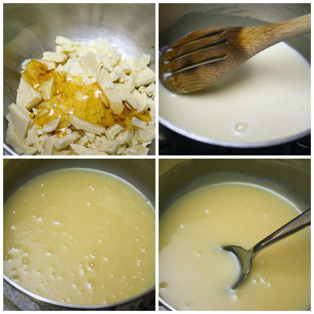 Collage showing process for making White Chocolate Honey Ganache, including white chocolate and honey in bowl, cream heating, and chocolate and cream combined and mixed until smooth