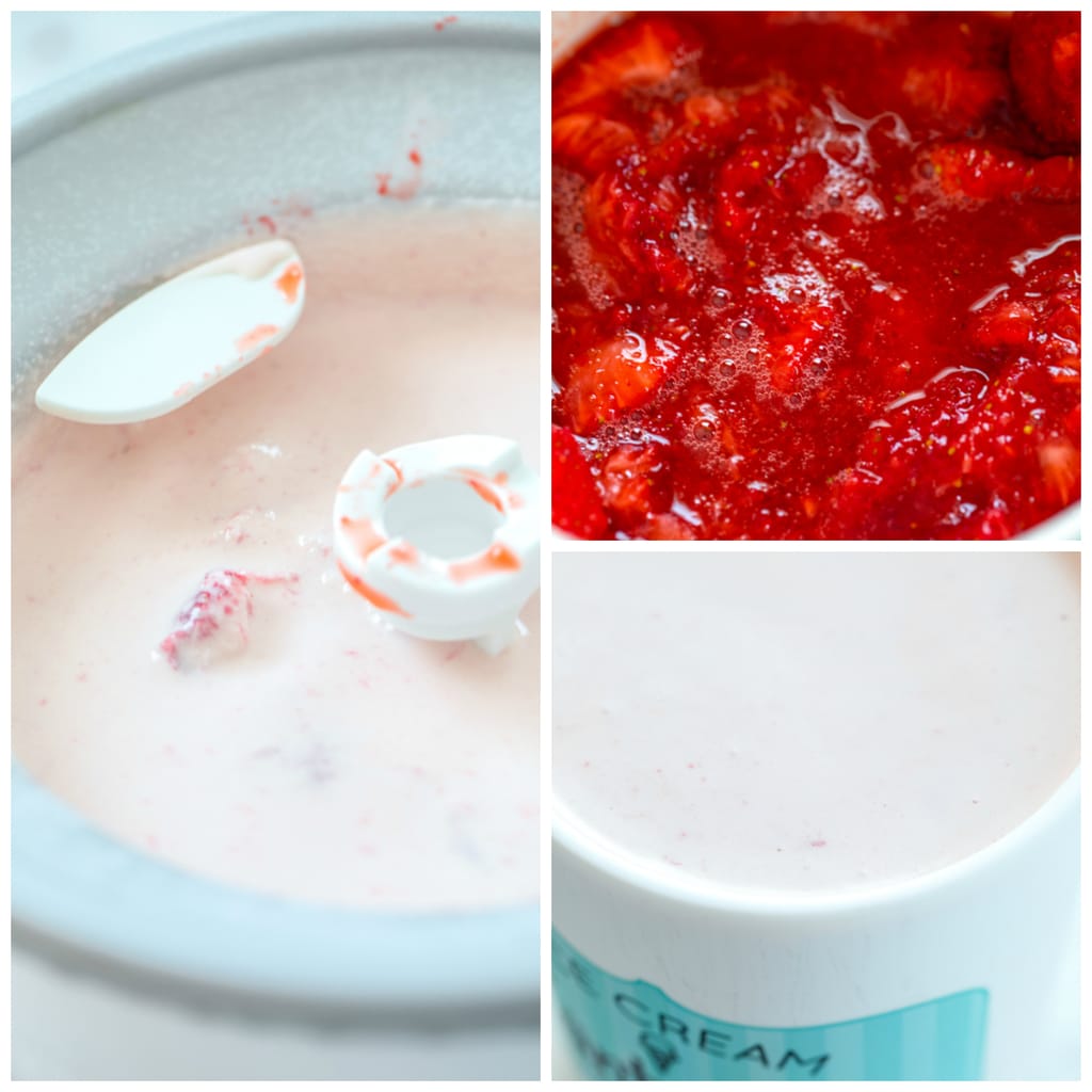 Collage showing white chocolate strawberry ice cream making process, including macerated strawberries in a bowl, ice cream processing in ice cream maker, and ice cream chilling in tub