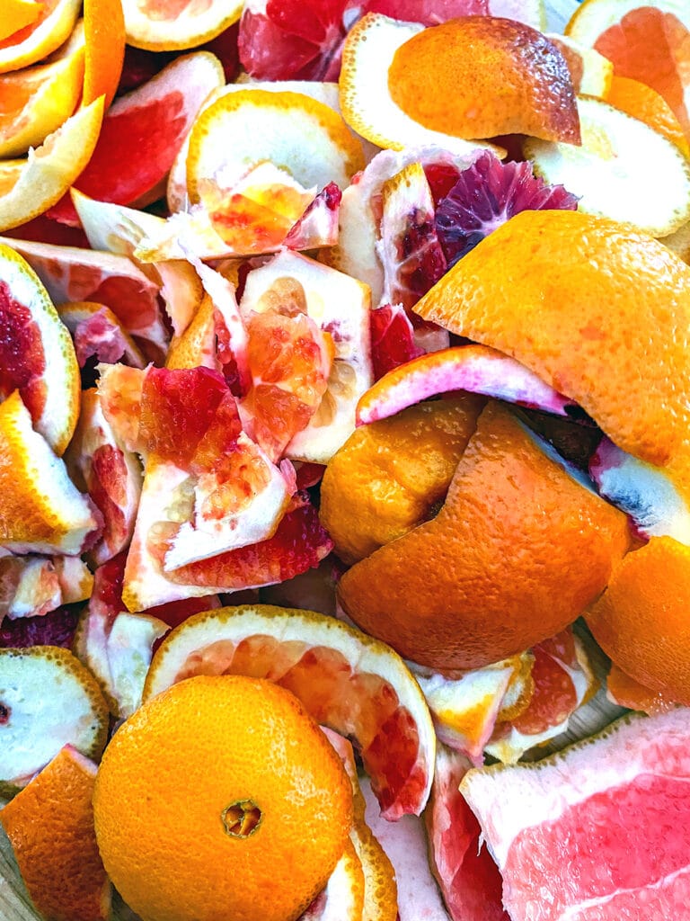 Close-up view of peels from blood oranges, grapefruits, and cara cara oranges